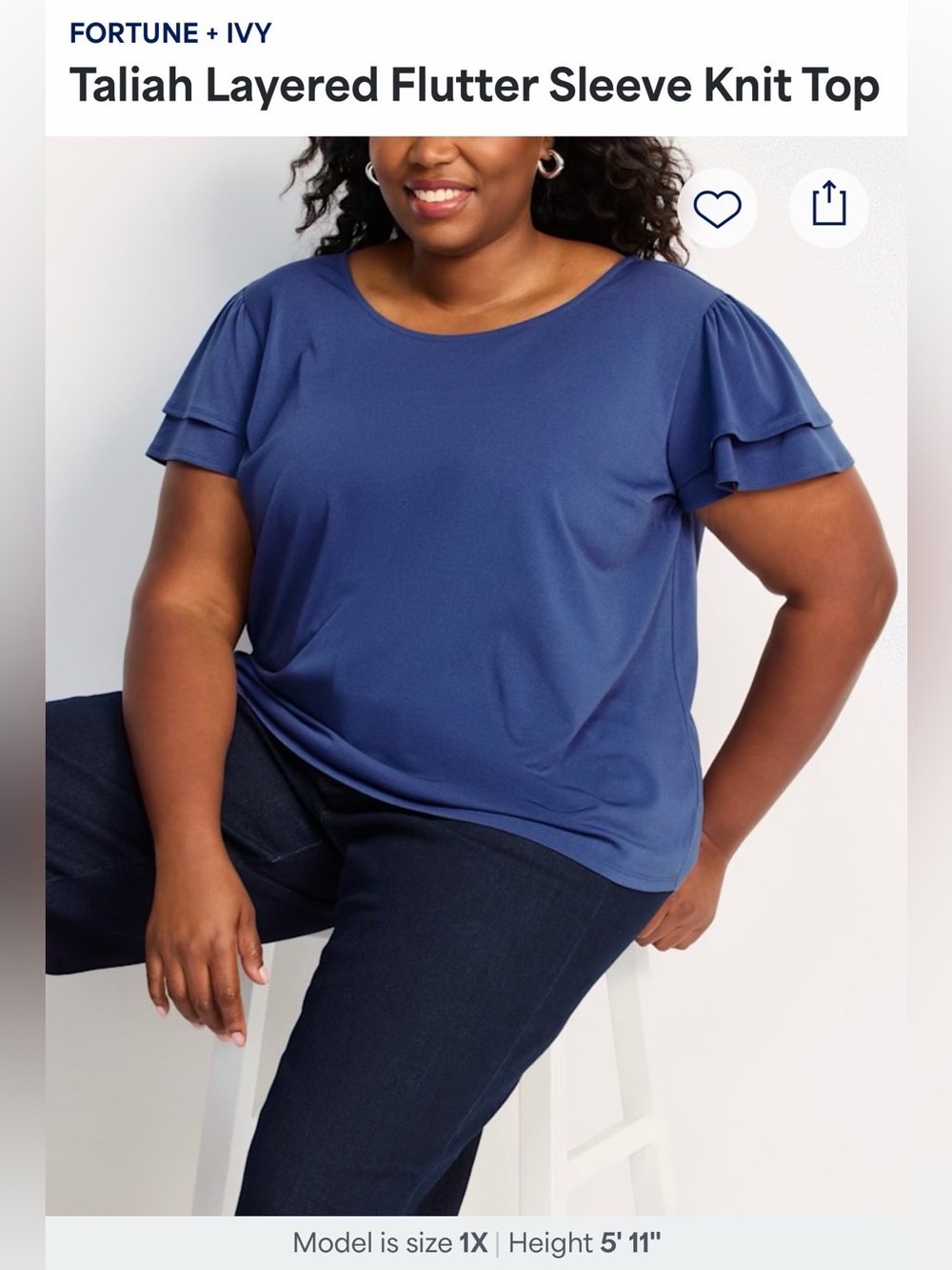 Fortune + Ivy 2X Blue Flutter Sleeve Blouse | Stretch Knit Top